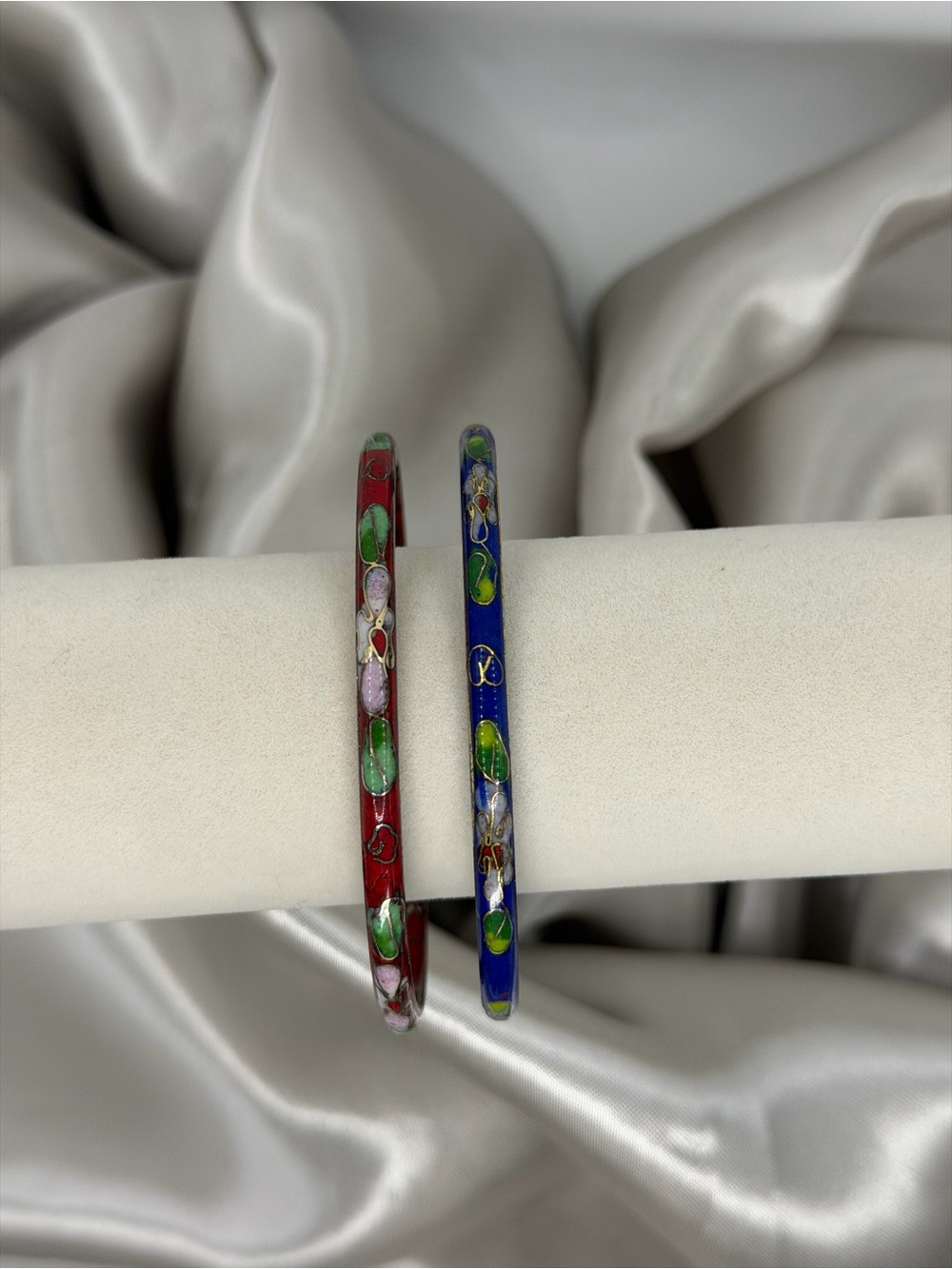 Vintage Cloisonné Floral Bangles Set 🌟 Red & Cobalt Blue Stackable Bracelets
